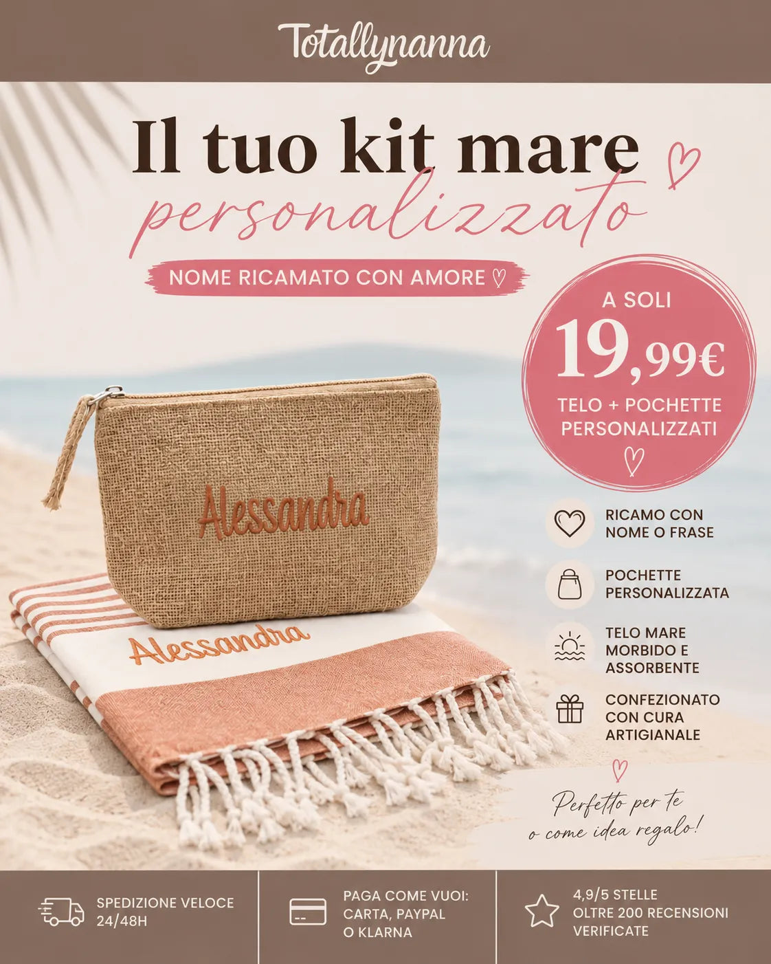 Kit Mare Coordinato Personalizzato – Telo Mare e Pochette Abbinata con Nome