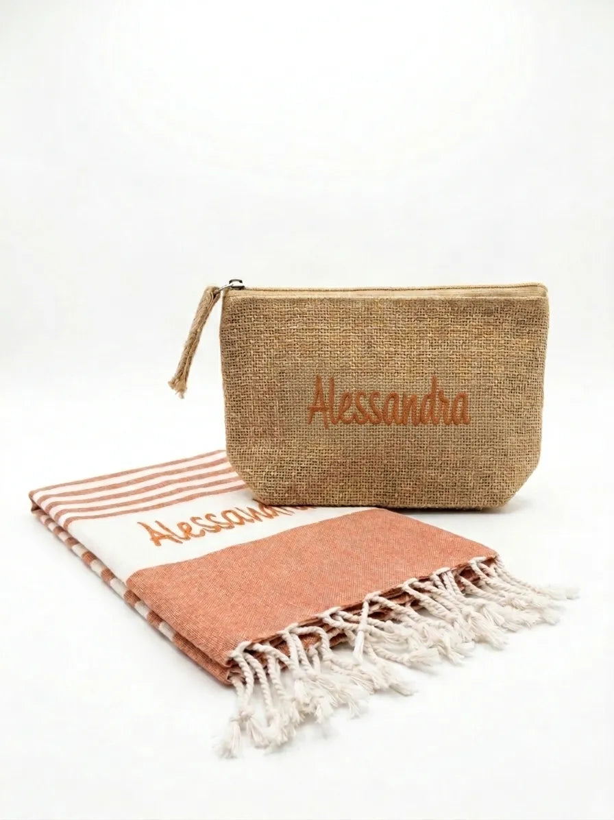 Kit Mare Coordinato Personalizzato – Telo Mare e Pochette Abbinata con Nome