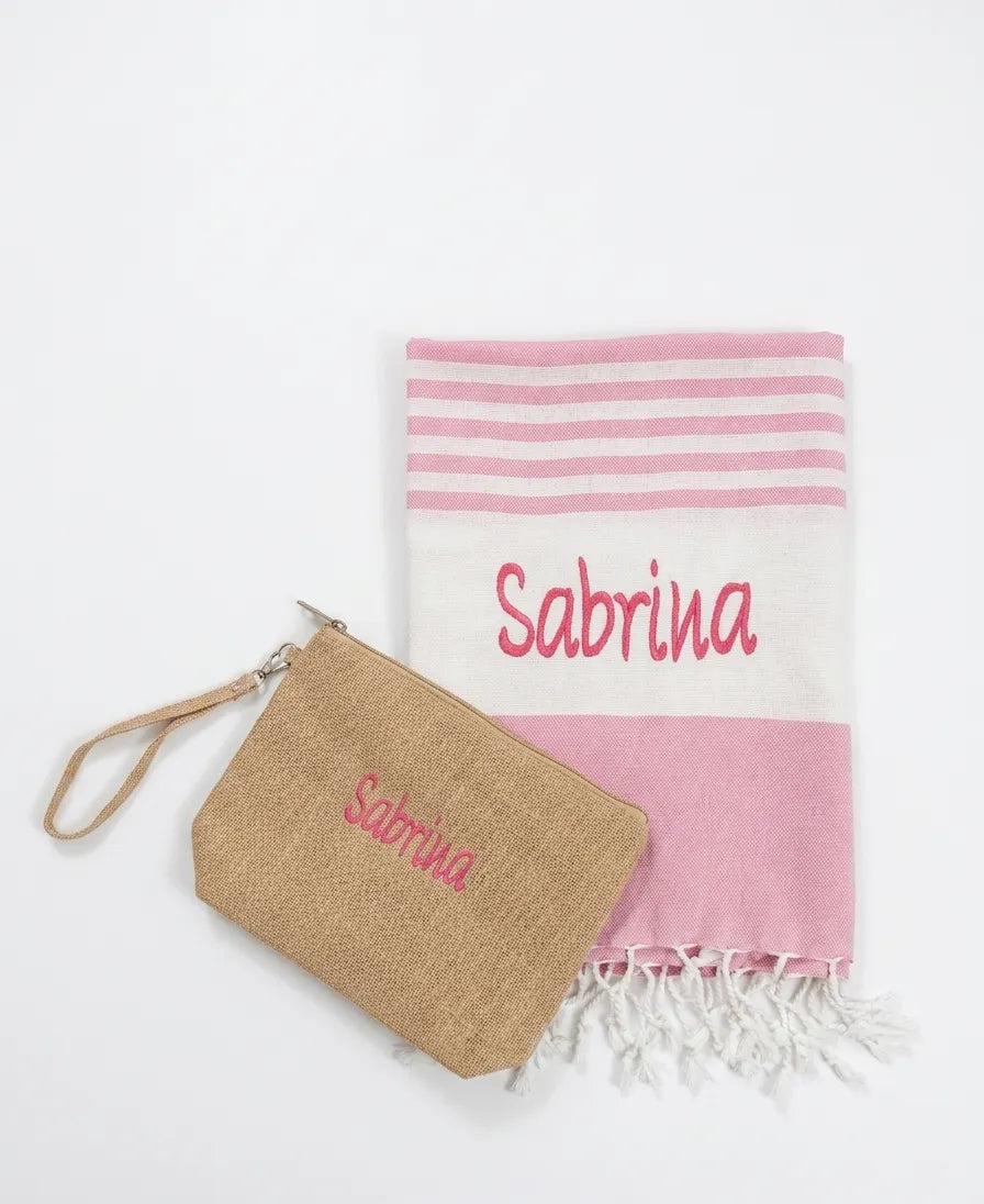 Kit Mare Coordinato Personalizzato – Telo Mare e Pochette Abbinata con Nome