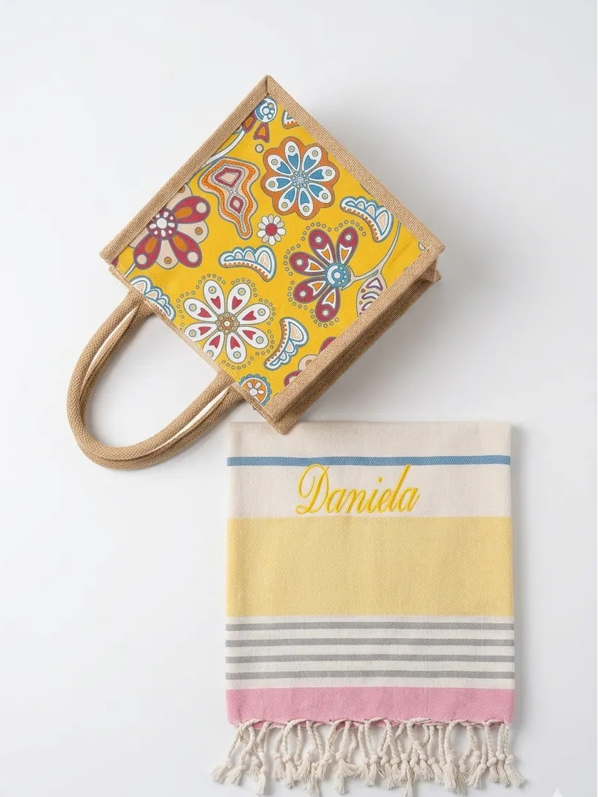 Kit Mare Coordinato – Telo personalizzato e Borsa a fantasia
