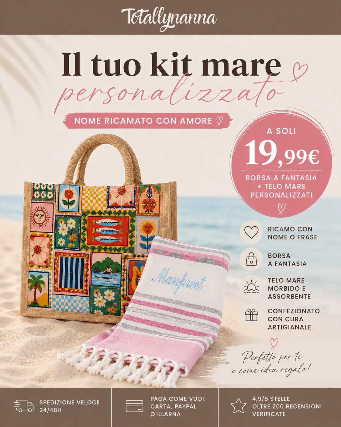 Kit Mare Coordinato – Telo personalizzato e Borsa a fantasia
