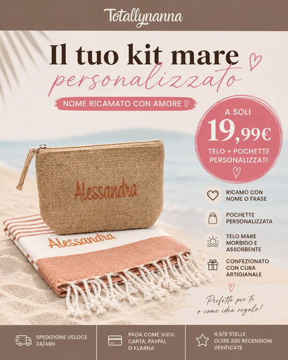 Kit Mare Coordinato Personalizzato – Telo Mare e Pochette Abbinata con Nome
