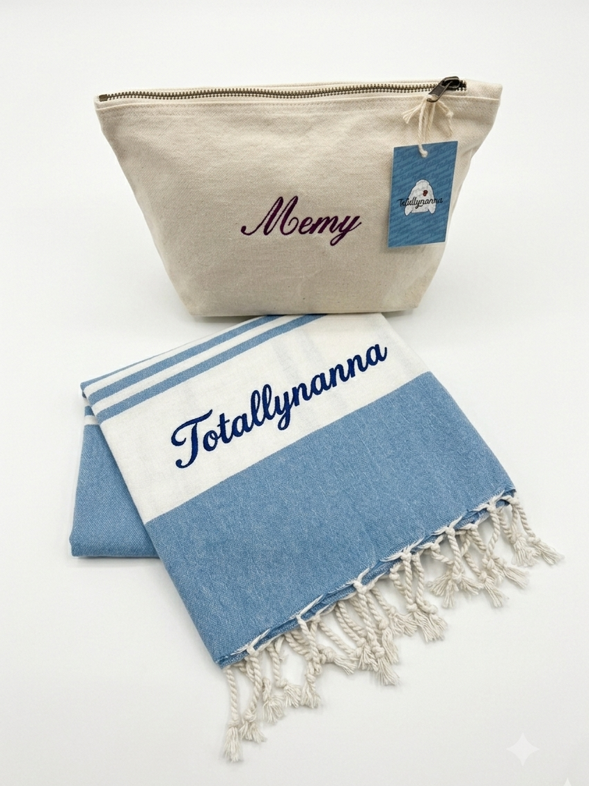 Kit Mare Coordinato Personalizzato – Telo Mare e Pochette Abbinata con Nome