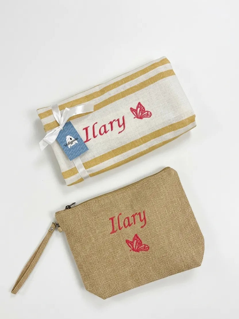 Kit Mare Coordinato Personalizzato – Telo Mare e Pochette Abbinata con Nome